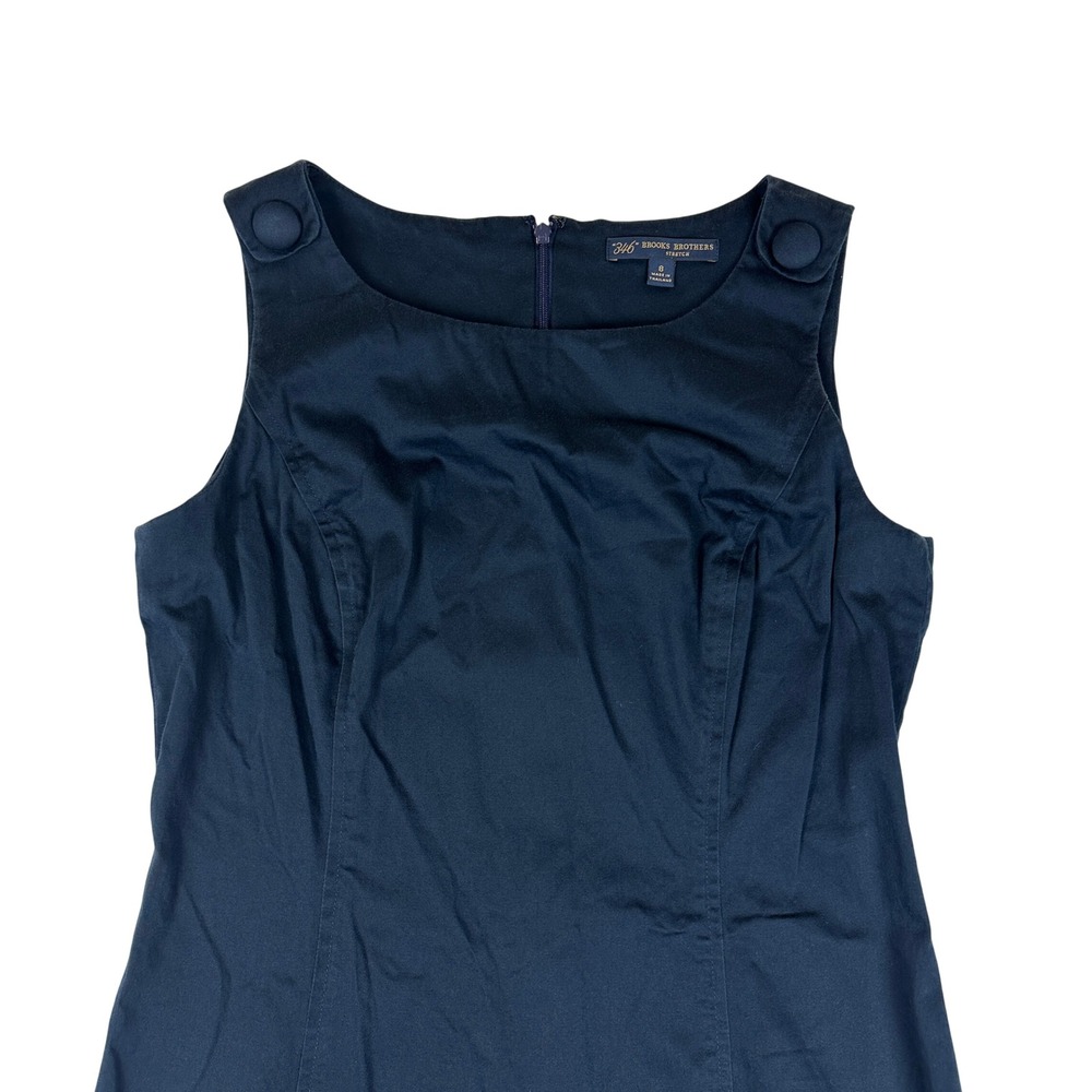 Brooks Brothers 346 Navy Blue Stretch Sheath Dress Button Shoulder Sleeveless 8